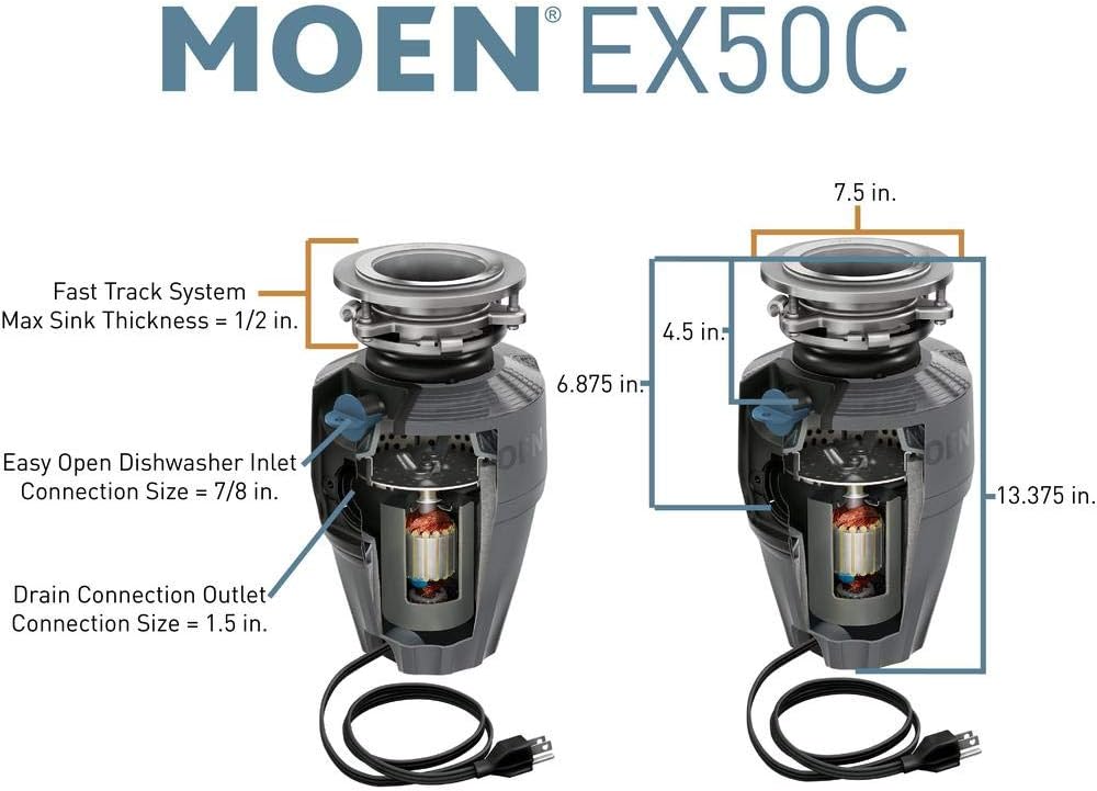 Moen Gray EX Series Prep Series 1/2 Horsepower Garbage Disposal, EX50C
