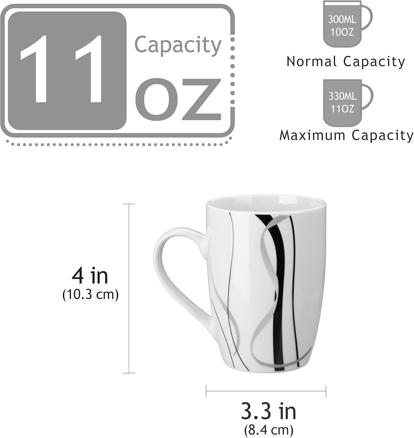VEWEET Ceramic Coffee Mugs Set of 6, 11 OZ Coffee Cups Set with Handle, White Mugs Set Porcelain Cup Set for Kitchen, Microwave Dishwasher Safe, Series Fiona