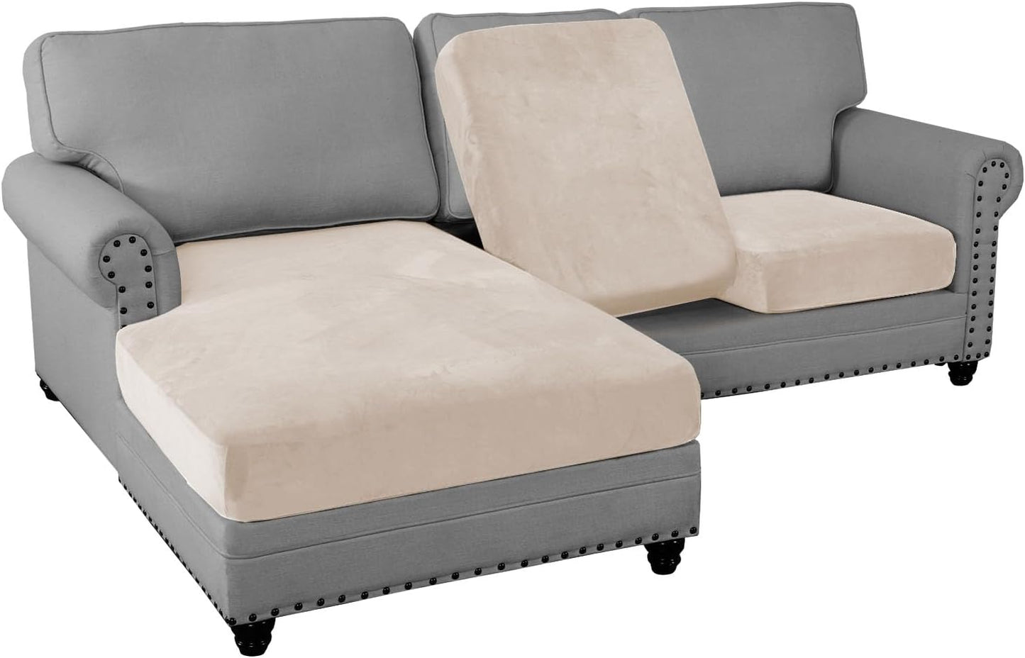 PrinceDeco Sectional Couch Covers 3 Pieces Velvet Sofa Covers L Shape Soft Couch Covers for Sectional Sofa Corner Sofa Cover Couch Cover for Dogs Washable (2 Seater + 1 Chaise,Ivory)