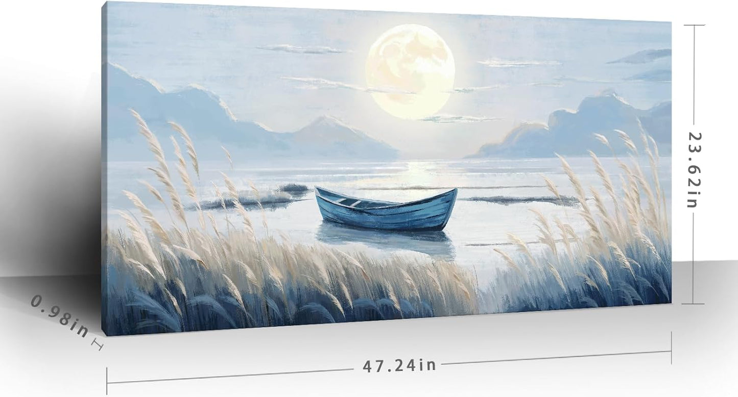 Large Wall Art for Living Room Bedroom Decor - Modern Nautical Beachy Ocean Beach Seascape Nature Artwork with Blue Boat Moon Lake Mountain Sea - Relaxing Serene Canvas Picture for Coastal Rustic Home