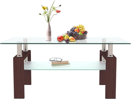 Glass Coffee Table for Living Room, Mordern Sofa Center Tables with Storage, Brown Metal Leg, Rectangle Tempered Glass Center Table Home Furniture
