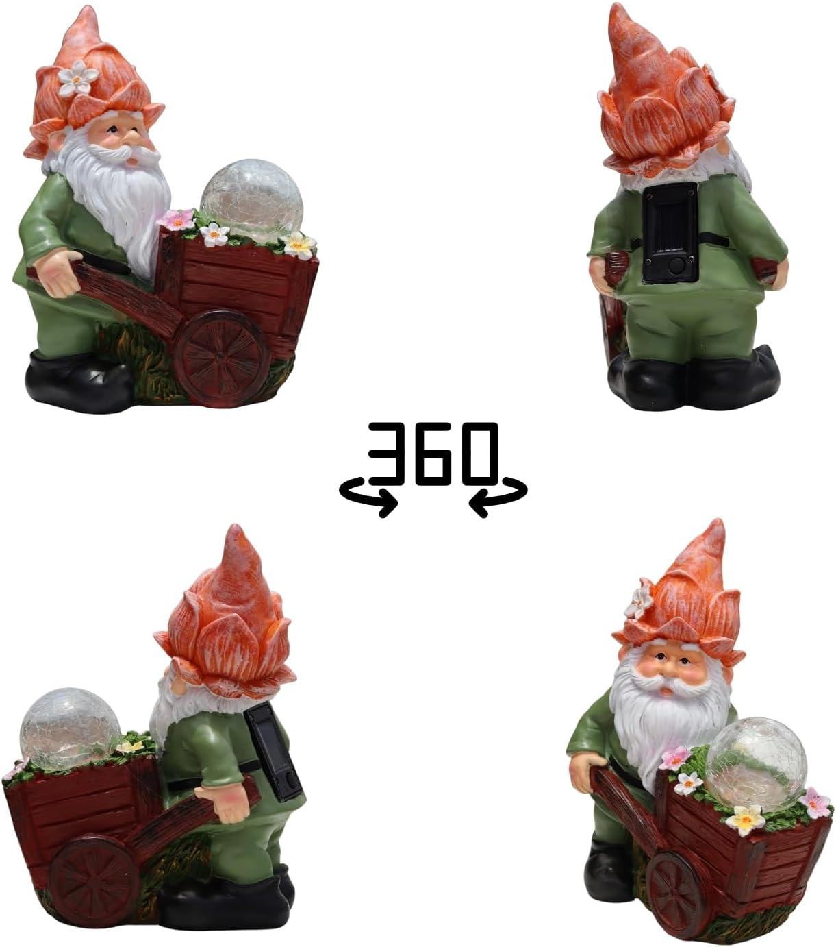 Solar Garden Gnome Statue with Crackle Glass Globe Lights, Waterproof Outdoor Decor for Patio, Lawn, or Yard, Whimsical Housewarming Gift(Green Gnomes)