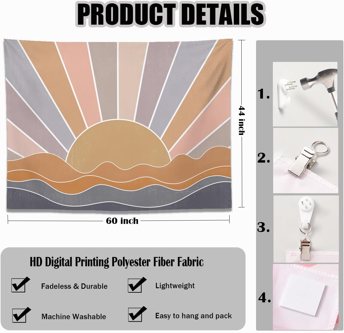 keowhsf Boho Sun Mountain Tapestry Wall Hanging - Retro 70s Vintage Rainbow Sunrise Sunset Design, Abstract Geometric Hippie Art Tapestry for Bedroom, Living Room & Dorm Decor