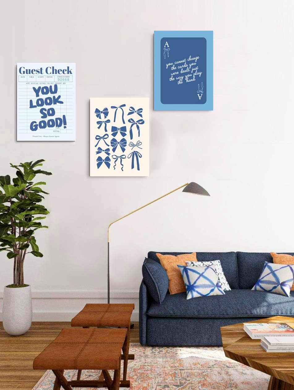 Blue Preppy Wall Art Framed Set of 3 Trendy Navy Bow Posters Retro Guest Check Canvas Prints Poker Painting Minimalist Positive Quote Picture Room Decor Aesthetic for Living Room Dorm Apartment16x24in