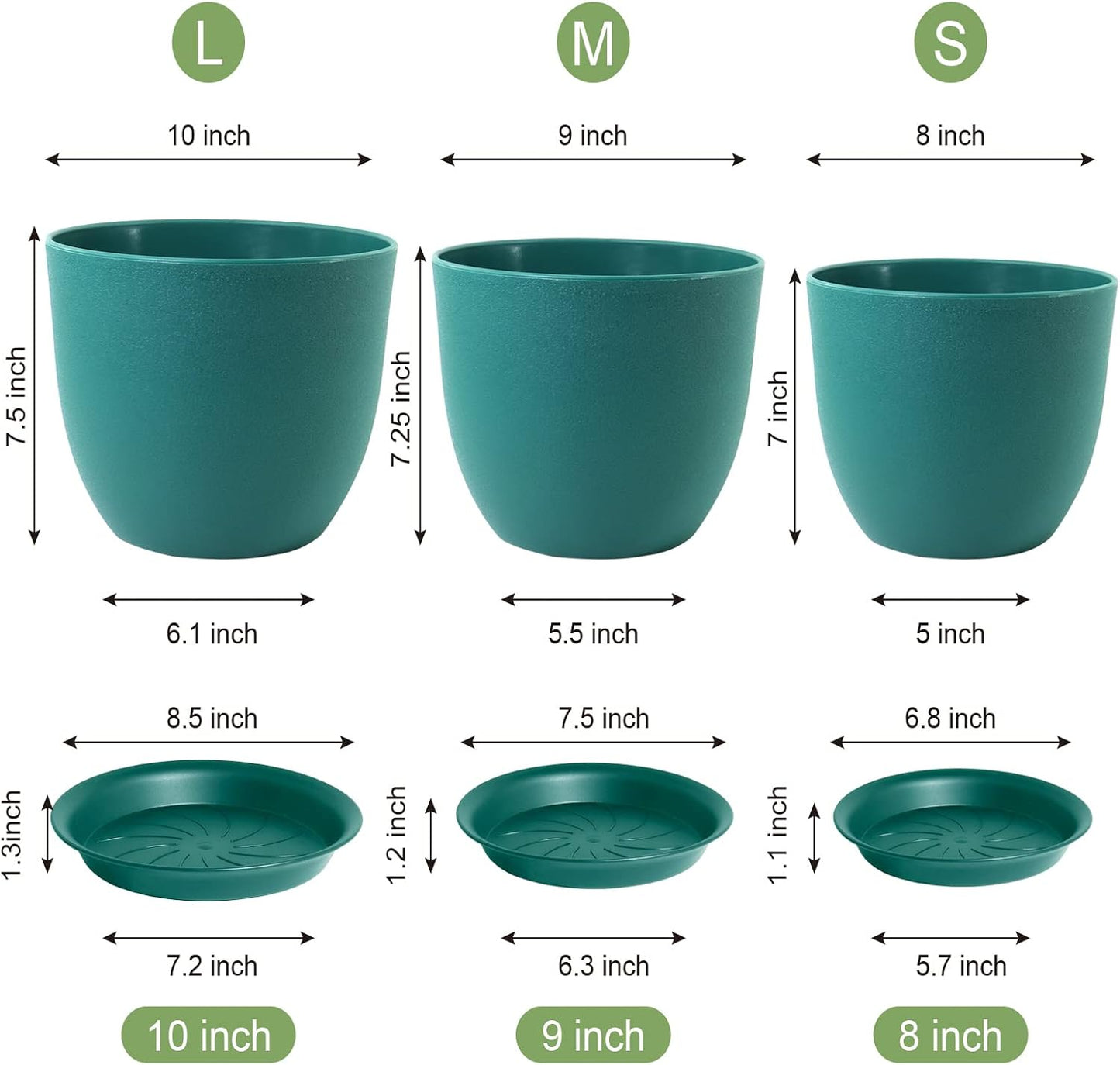 Flower Pots 10/9/8 inch, Set of 3 Modern Decorative Plastic Planters with Drainage Holes and Tray for House Plants Indoor Flowers Plants, Plant Pots for Indoor Outdoor Plants, Blue Green