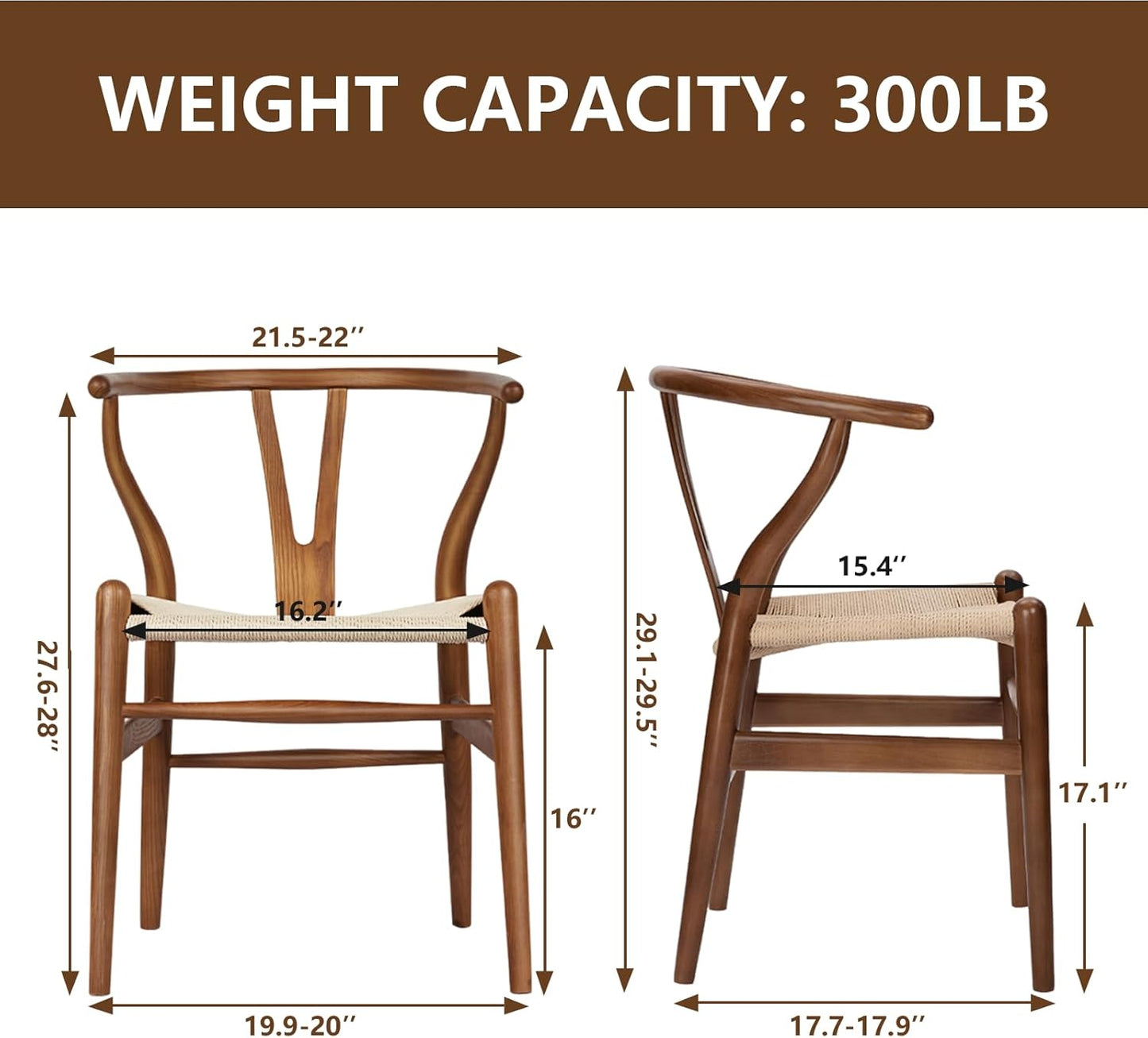 Wishbone Chair Natural Solid Wood Dining Chair/Hans Vegner Y Chair Rattan and Wood Accent Armrest Chairs Set of 4(Ash Wood - Walnut)