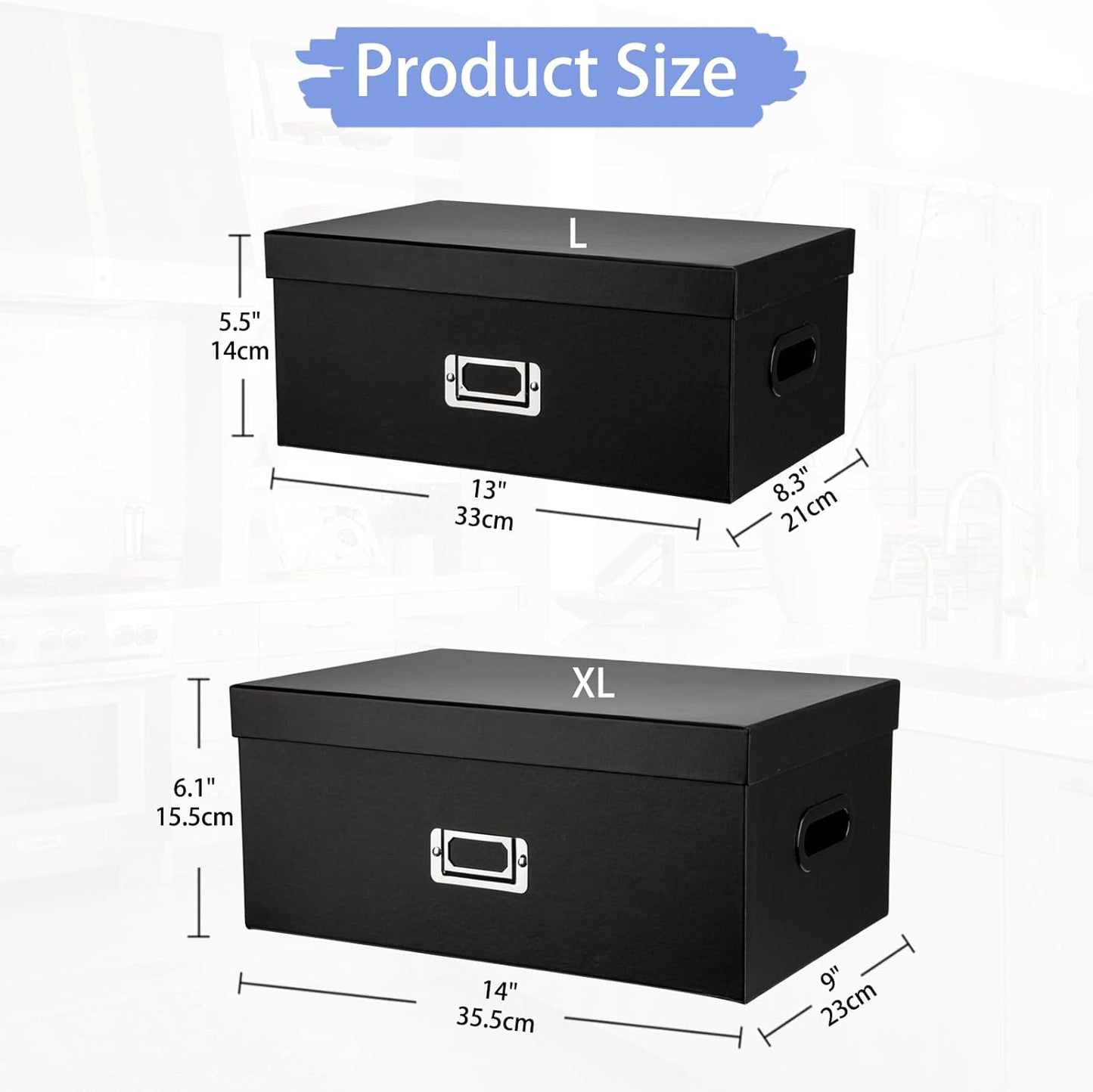 Briful Decorative Storage Boxes with Lids Set of 2 – 14'' + 13'' Set Rectangular Nesting Boxes – Cardboard Organizer with Lift-Top Lid – Black Wood for Home & Office