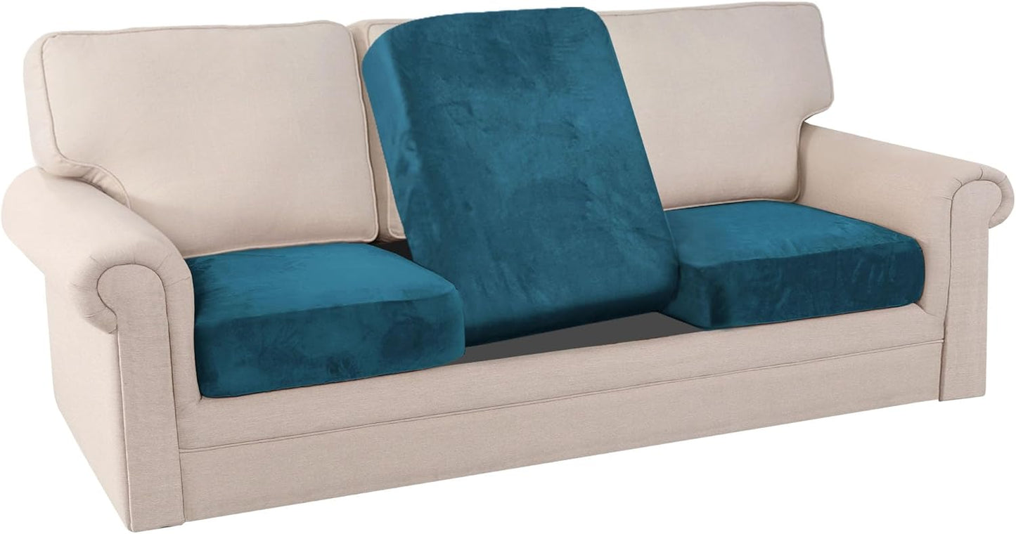 PrinceDeco Stretch Sofa Cushion Covers for Couches and Sofas,Soft Velvet Couch Seat Covers, Sofa Covers Washable, Seat Cushion Cover for 3 Couch Sofa Pet Friendly - Deep Teal, Each Width Up to 29.5"