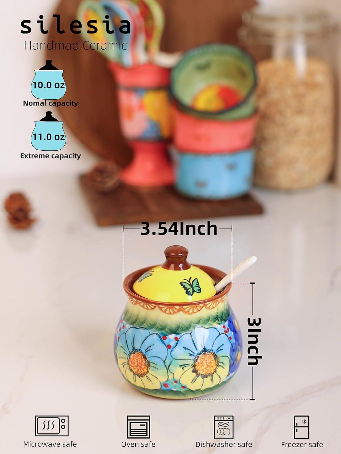 silesia Handmade Sugar Bowl with Lid and Spoon, 9 Ounce Ceramic Hand-Painted Sugar Jar for Home in Gift Box, Kitchen Decor, Oven, Dishwasher & Microwave Safe, Glazed Yellow