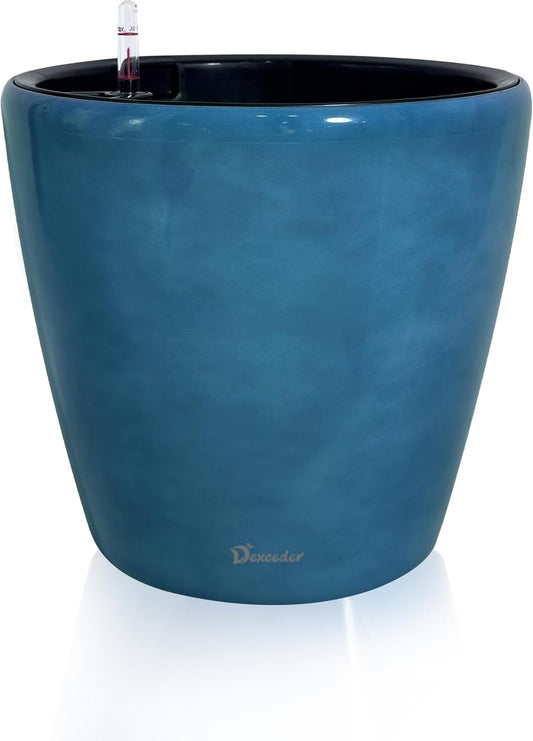 Dexceder 13x12 Self Watering Planter with Wheels Indoor Outdoor, Inner Pot Design, Thickened Large Floor Standing Flower Plant Pot with Water Level Indicator (Peacock Blue Gradient)