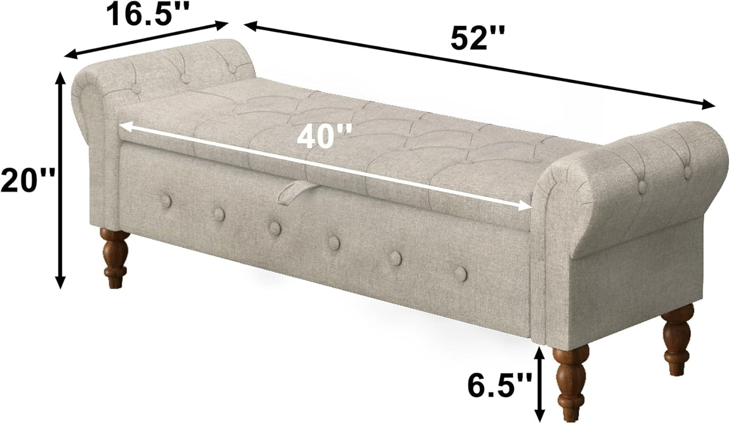 Storage Ottoman Bench for Bedroom, Linen 52" End of Bed Bench with Rolled Arms Upholstered Ottoman Bench Fit for Bedroom, Living Room, Entryway, Linen Gray