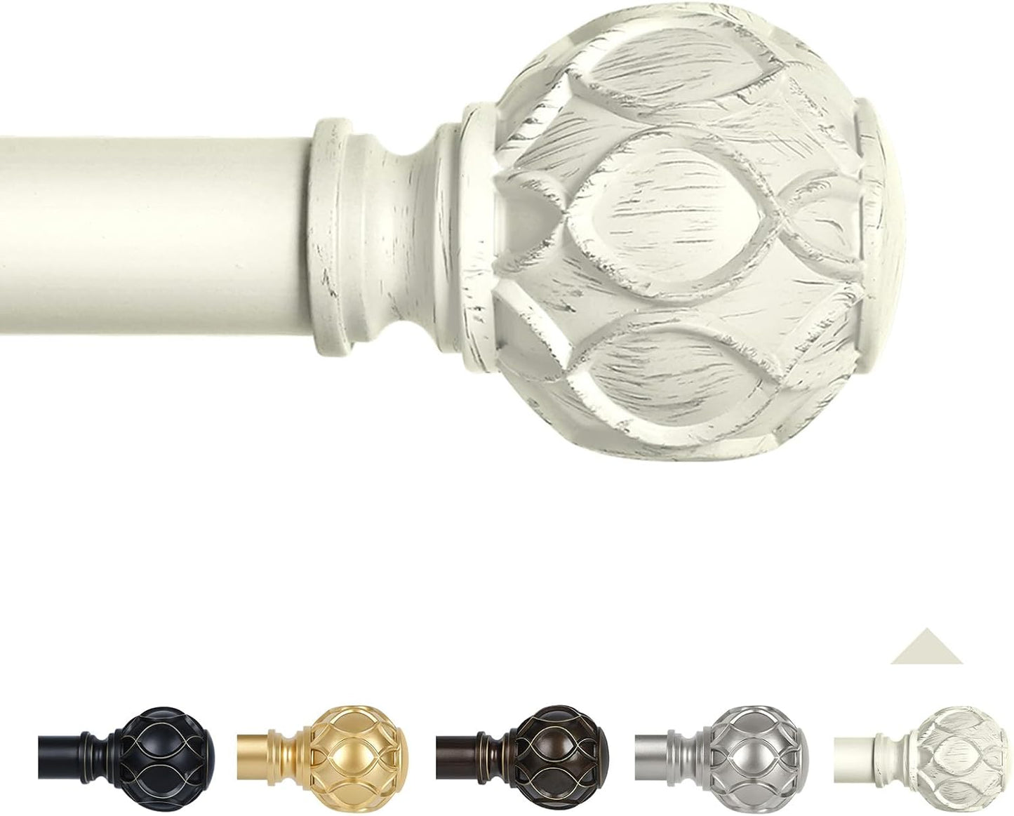 White Farmhouse Curtain Rods for Windows:66-120" Heavy Duty Adjustable Curtain Rod for Bedroom Living Room,Boho Decorative Rustic Drapery Rods with Vintage Coastal Texture Finial,Antique White