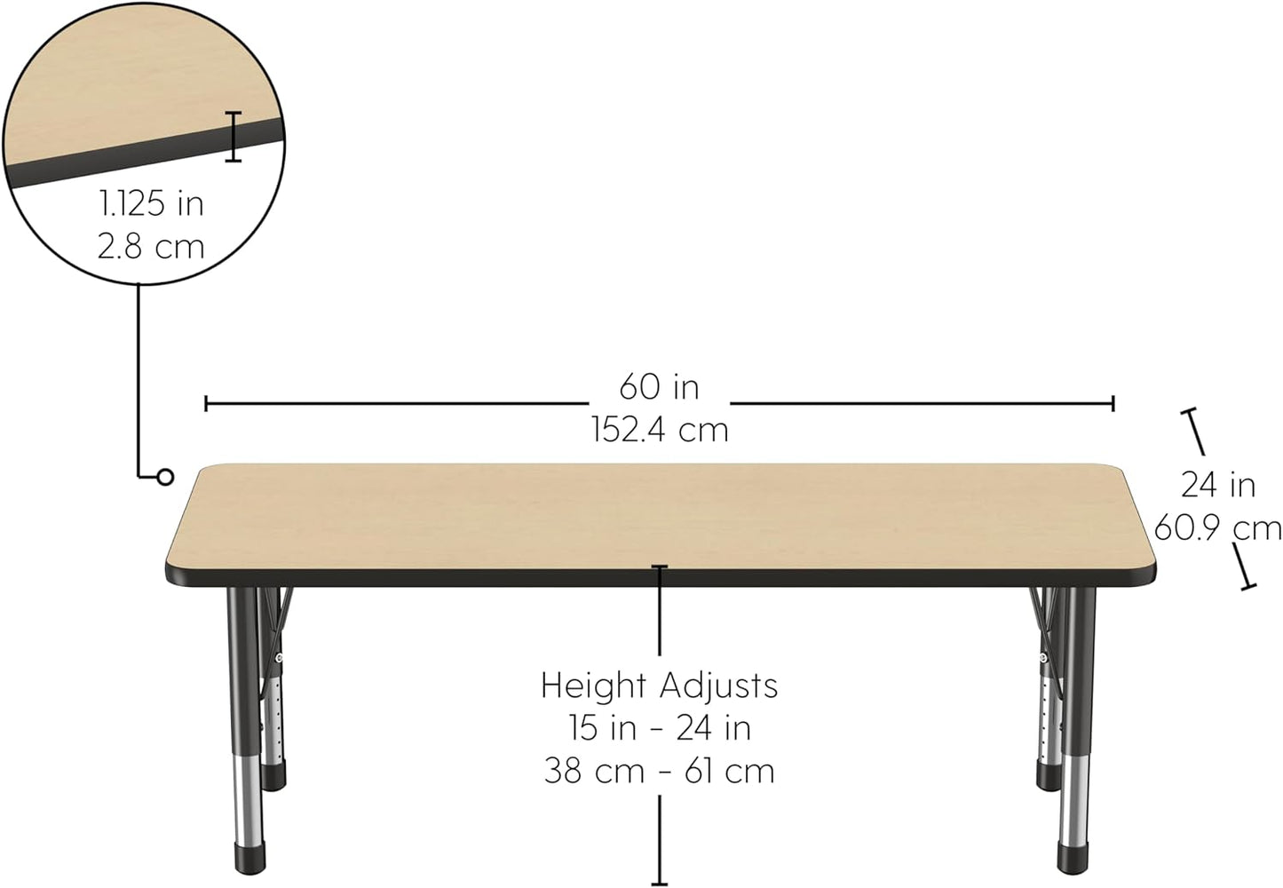 FDP Rectangle Activity School and Classroom Kids Table (24 x 60 inch), Chunky Toddler Legs, Adjustable Height 15-24 inches - Maple Top and Black Edge