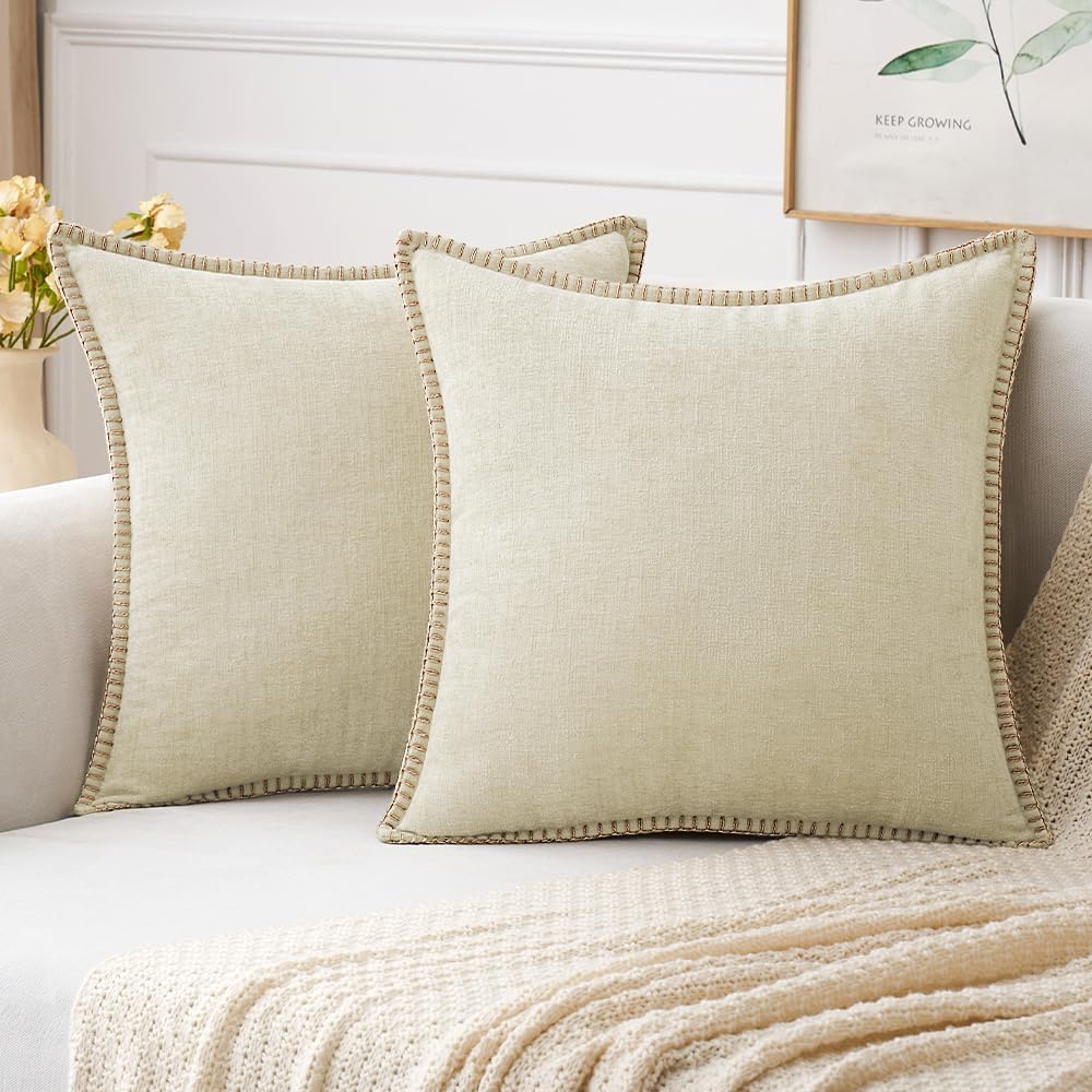 MIULEE Pack of 2 Christmas Pillow Covers 20x20 Inch Cream White Farmhouse Decorative Throw Pillow Covers with Stitched Edge Soft Chenille Solid Dyed Couch Pillow Covers for Sofa Bed Living Room