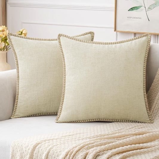 MIULEE Pack of 2 Christmas Pillow Covers 16x16 Inch Cream White Farmhouse Decorative Throw Pillow Covers with Stitched Edge Soft Chenille Solid Dyed Couch Pillow Covers for Sofa Bed Living Room
