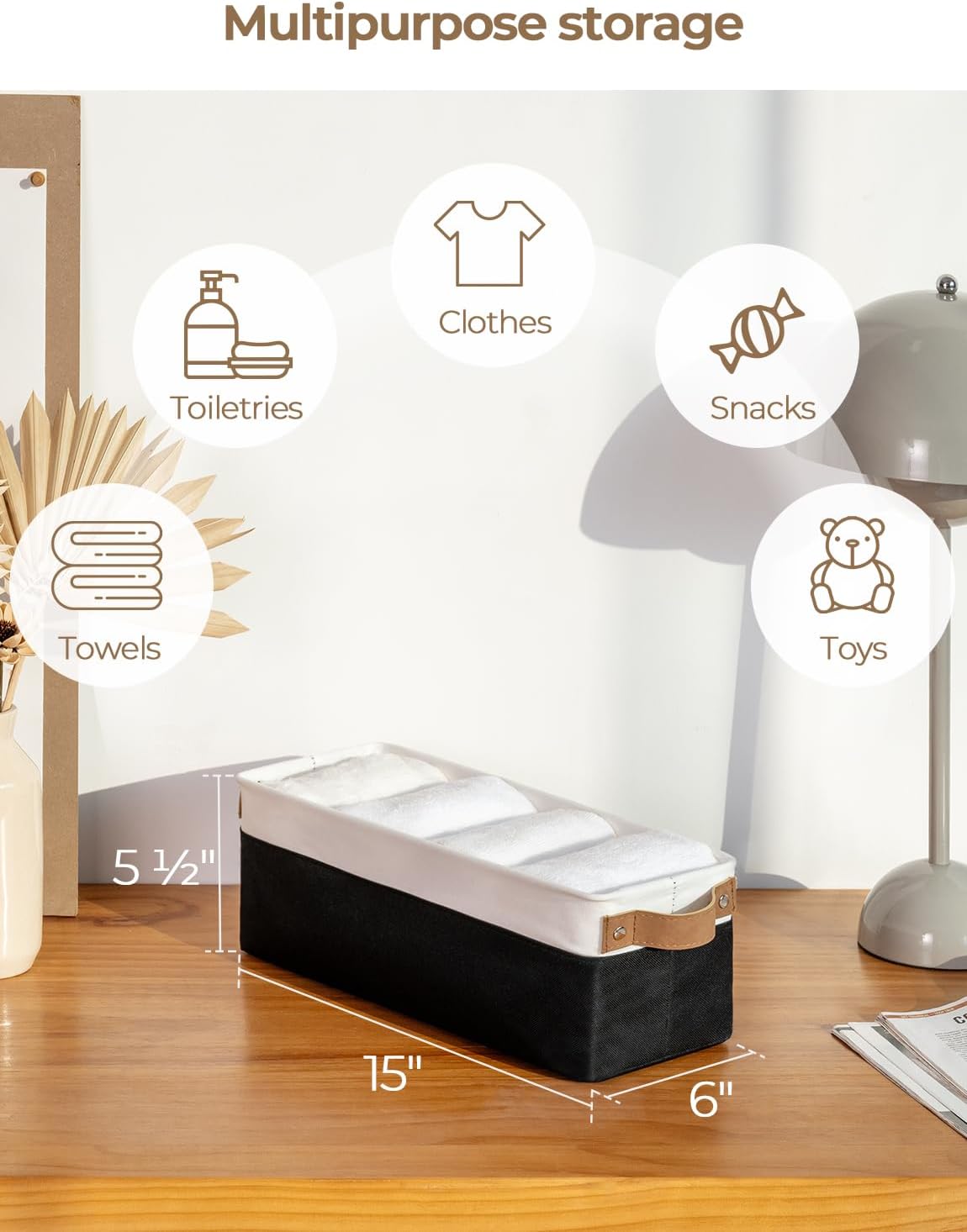 StorageWorks Narrow Storage Bins, Small Basket for Closet and Shelves, Fabric Organizer with Handles, Toilet Paper Storage, Black and White, 2-Pack