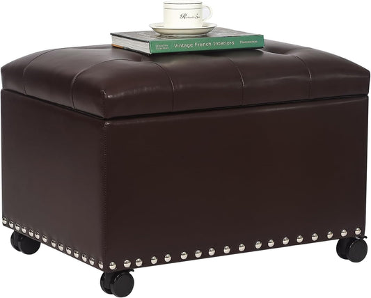 Joveco Leather Storage Ottoman with 360° Wheels 24" Rolling Foot Rest Bench Rectangle Ottomans Stool for Living Room Bedroom (Brown, Wheels)