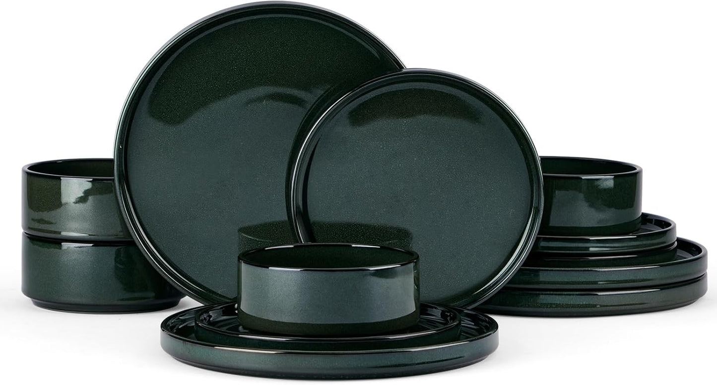 Onader Stoneware Dinnerware Sets for 4, Reactive Glaze Plates and Bowls Sets, Ceramic Dish Dinner Set with Rustic Terracotta Bottom, 12 Piece Elegant Dishware - Emerald Green