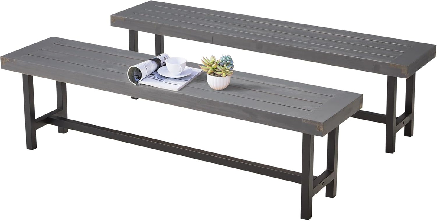 AVAWING Outdoor Wood Benches Set of 2, 63" Patio Wooden Picnic Bench for 6 Persons, Rectangular Bench for Porch, Balcony and Deck,Grey