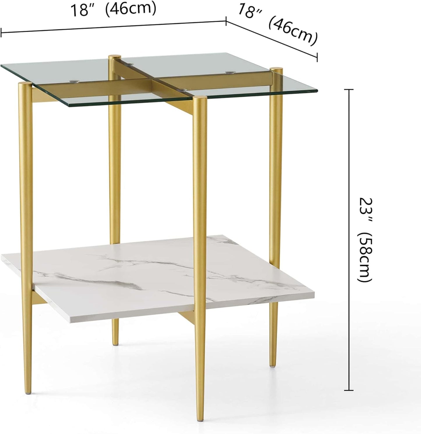 Square Glass End Table, Mid-Century Modern Design Sofa Table, for Living Room, L18 x W18 x H23, Clear Glass Top and White Marble MDF Shelf, Sleek Conical Metal Legs with Gold Finish