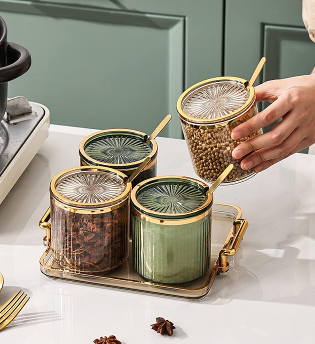 Acrylic Condiment Spice Jars,Condiment Spice Box With Lids and Spoons and Tray,Clear Plastic Sugar Salt Canisters,Seasoning Box 4 Pack,Seasoning Box Set for Kitchen to Storage Salt,Paprika,Sugar