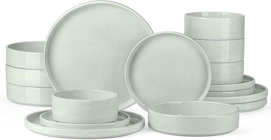 Onader Speckled Dinnerware Set for 4 with Pasta Bowl, 16 Piece Stoneware Plates and Bowls Dishes Set, Microwave & Dishwasher Safe – Pale Sage Green