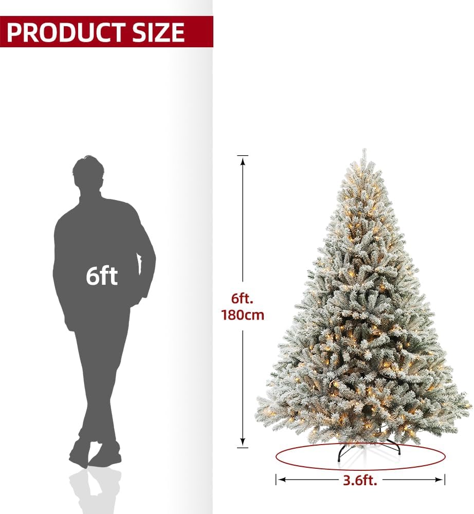 Prelit Christmas Tree with Lights 6ft - Premium Snow Flocked Artificial Xmas Tree,with 874 Branch Tips and 250 Warm Lightsm,Support Automatique,Perfect Choice for Christmas Decorations,White