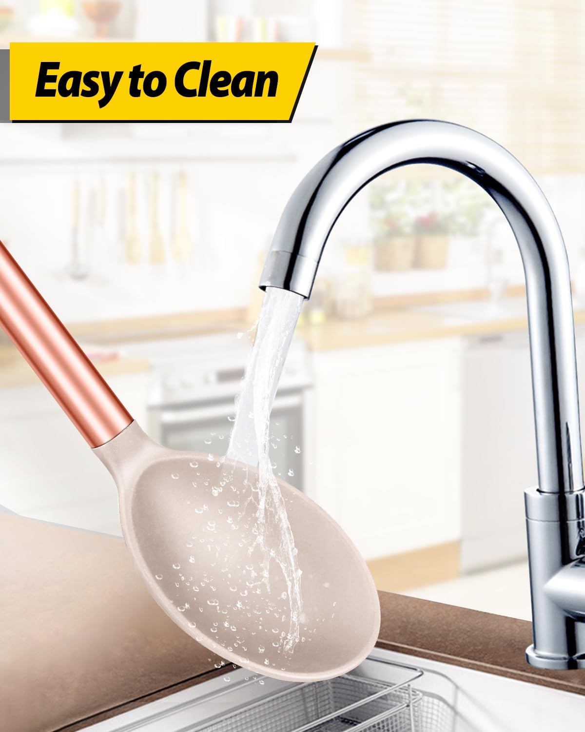 Pack of 2 Large Silicone Cooking Spoons,Non Stick Solid Basting Spoon,Heat-Resistant Kitchen Utensils for Mixing,Serving,Draining,Stirring (ROSE GOLD KHAKI)