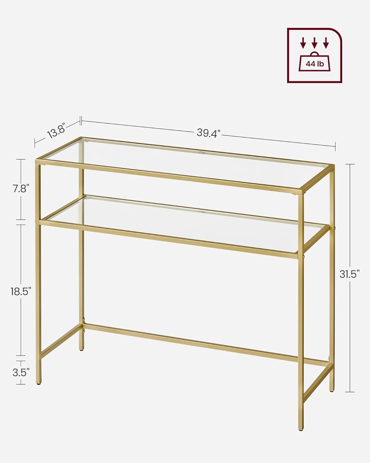 VASAGLE 39.4 Inch Console Sofa Table, Modern Entryway Table, Tempered Glass Table, Metal Frame, 2 Shelves, Adjustable Feet, for Living Room, Hallway, Gold Color ULGT025A01