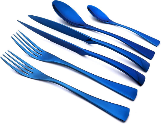 24-Piece Blue Flatware, Mirror 18/10 Stainless Steel Modern & Luxury Dinnerware Set With Serrated Steak Knife Teaspoon For Daily Use or Dinner Party Restaurant - Service For 4