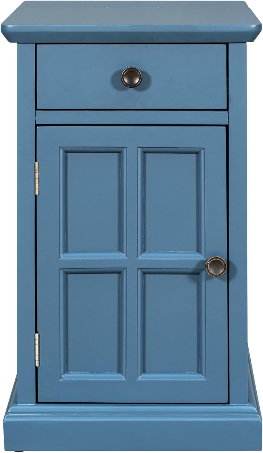 Traditional Wood End Table with Charging Station, Modern Vintage Sofa Chair Side Table Nightstand with Storage & Drawer for Living Room Bedroom, No Assembly, Antique Navy