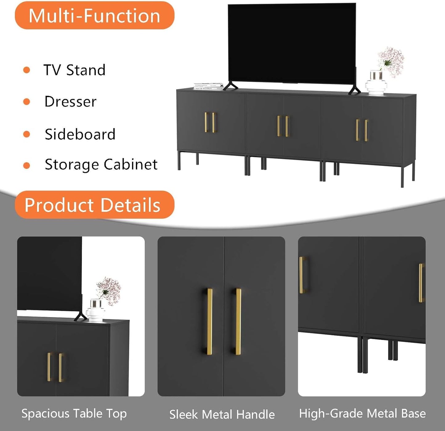 LYNSOM TV Stand for 85 Inch TV, Media Entertainment Center Console Table, 3 Cabinets, TV Console Table with Storage Cabinet for Bedroom, Living Room, Entertainment Room (Black)