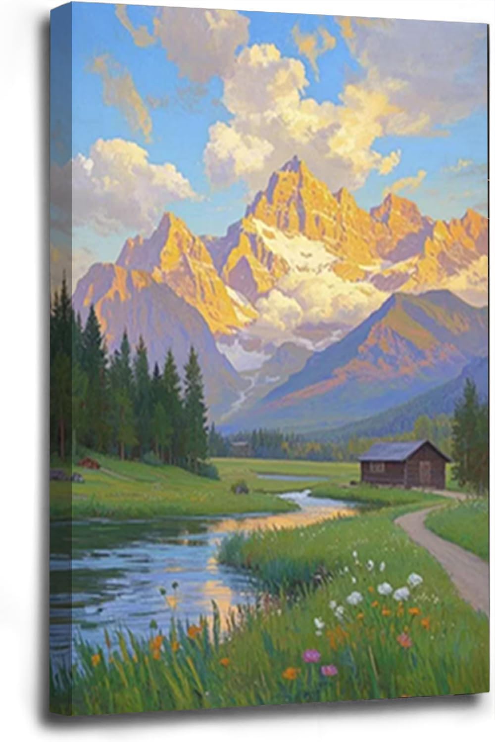 The mountain stream and lawn scenery under the sun is suitable for posting in the living room bedroom office landscape poster wall painting