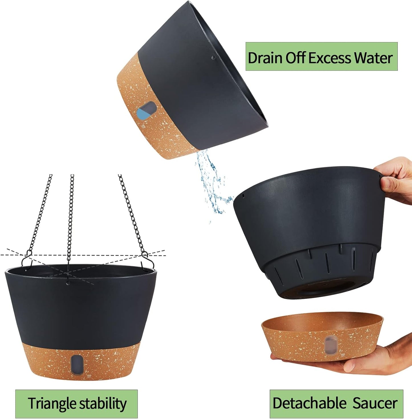 2 Pack Hanging Planters for Indoor Outdoor Plants, 10 Inch Hanging Flower Pot Basket with Drainage Hole with Removable Tray&Hooks Self Watering Plant Pot for Hanging Plants, Dark Grey
