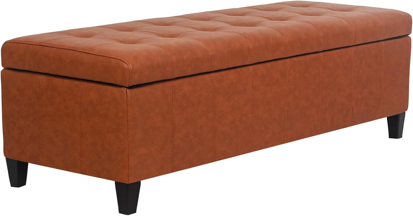 Joveco 51 Inch Storage Ottoman Bench,Tufted Leather Storage Bench for Bedroom (51”,Dark Orange)