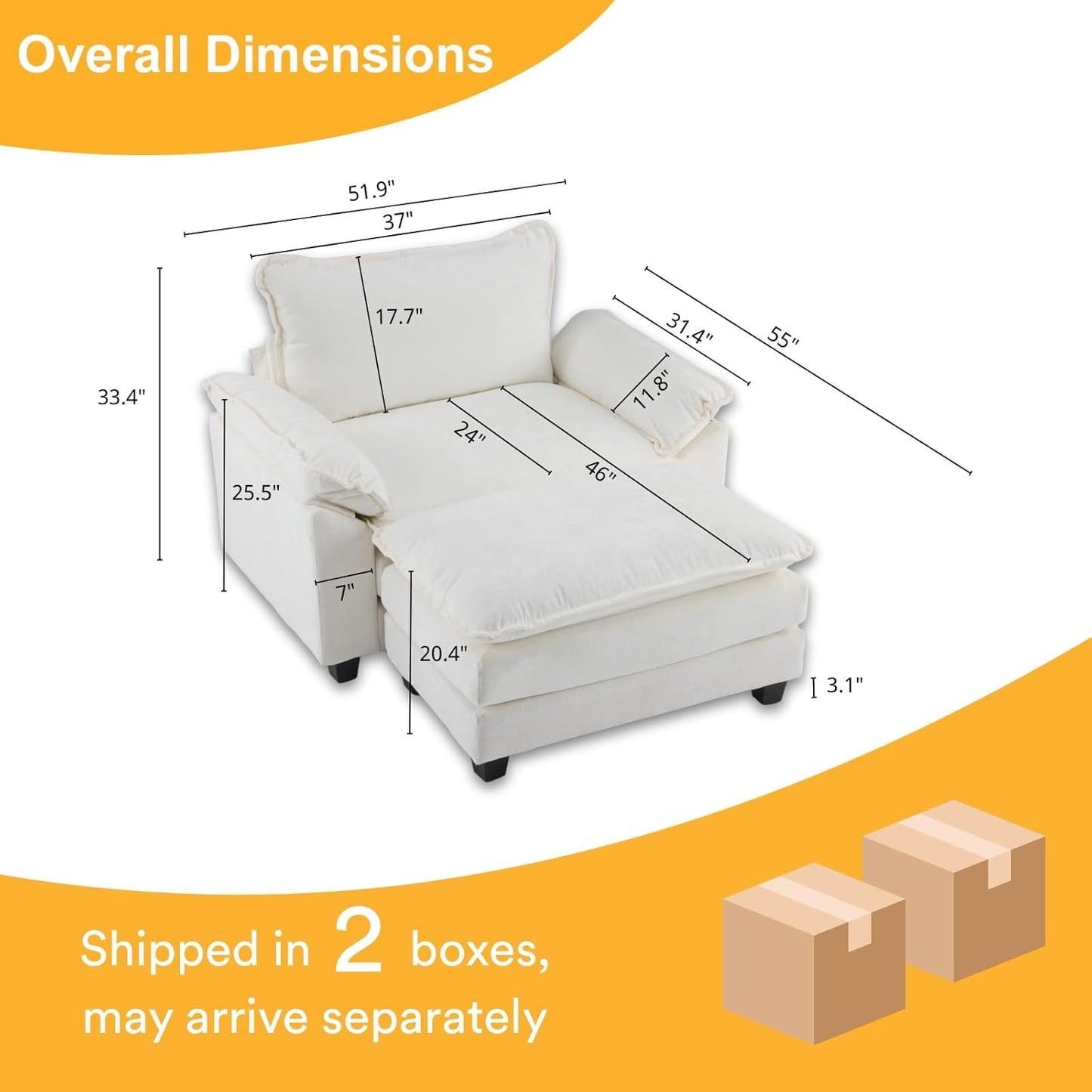 Karl home Oversized Accent Chair Chenille Sofa with Chaise, Modern Sofa Chair with Removable Ottoman Modular 1-Seater Couch and 2-Layer Ottoman for Living Room, Apartment, Studio, Beige