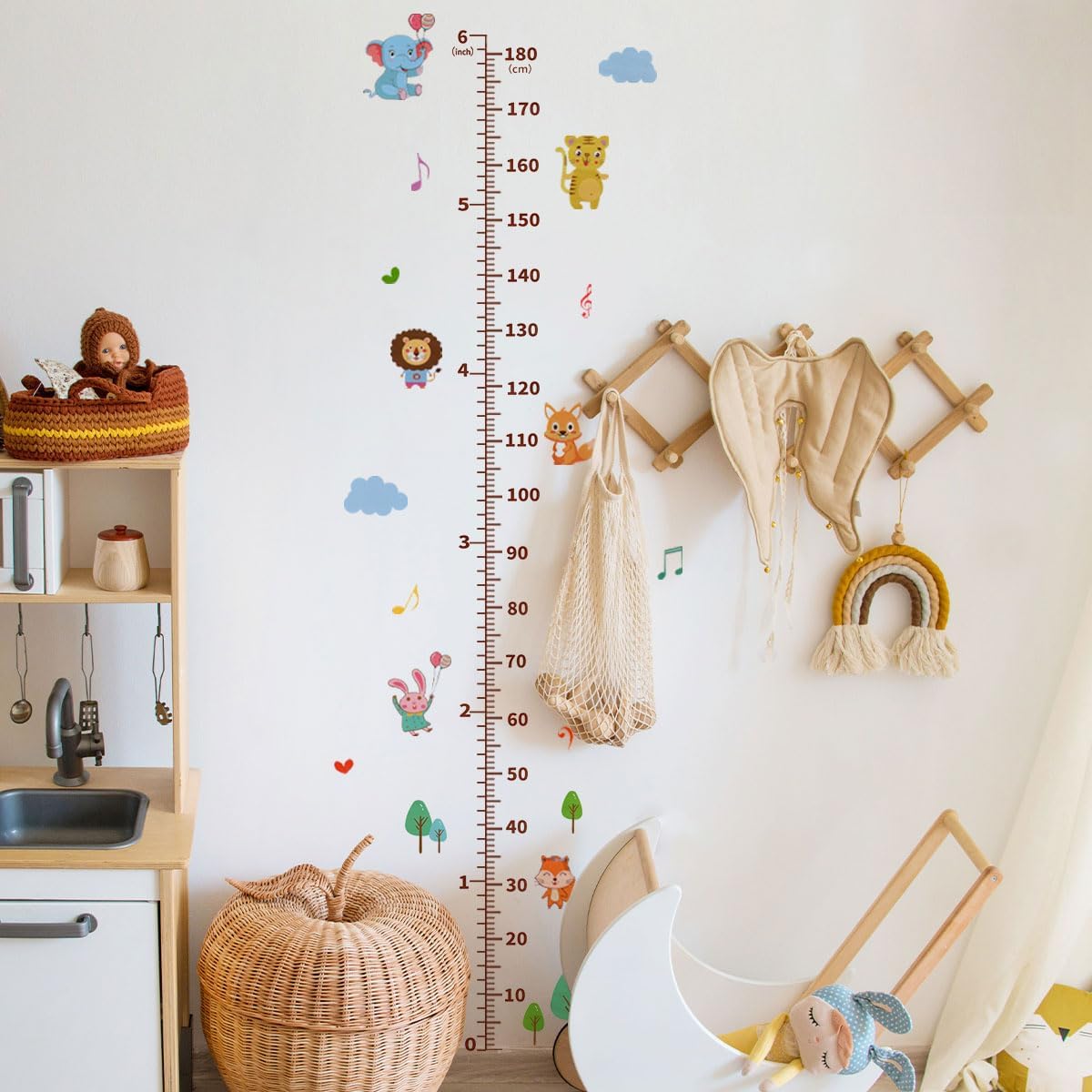Cartoon Animals Self-adheve Vinyl Nursery Wall Decal Baby Growth Chart Sticker for Bedroom Play Room