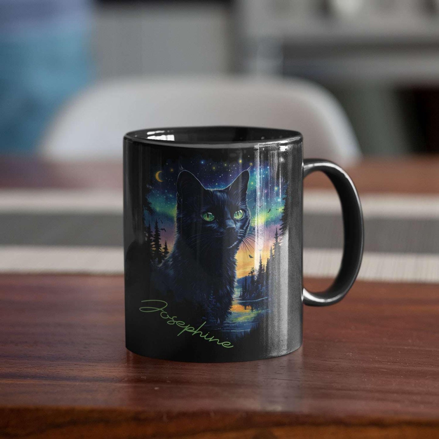 Custom Cute Cat Coffee Mug With Northern Lights, Customized Name Ceramic Mug 11oz 15oz, Beautiful Nature Scene Mug, Personalized Animal Lovers Black Cup, Gift For Pet Enthusiasts