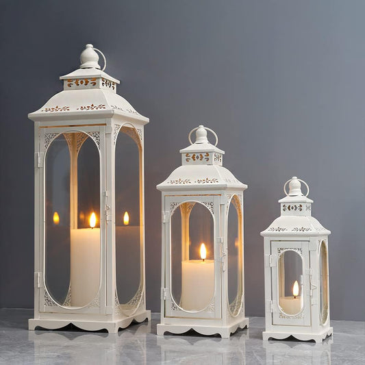 TRIROCKS Set of 3 Vintage Candle Lanterns 10/14/19.5'' High Decorative Outdoor Lantern Metal Candle Holder with Tempered Glass for Home Living Room Garden Yard Parties Events Indoors Outdoors (White)