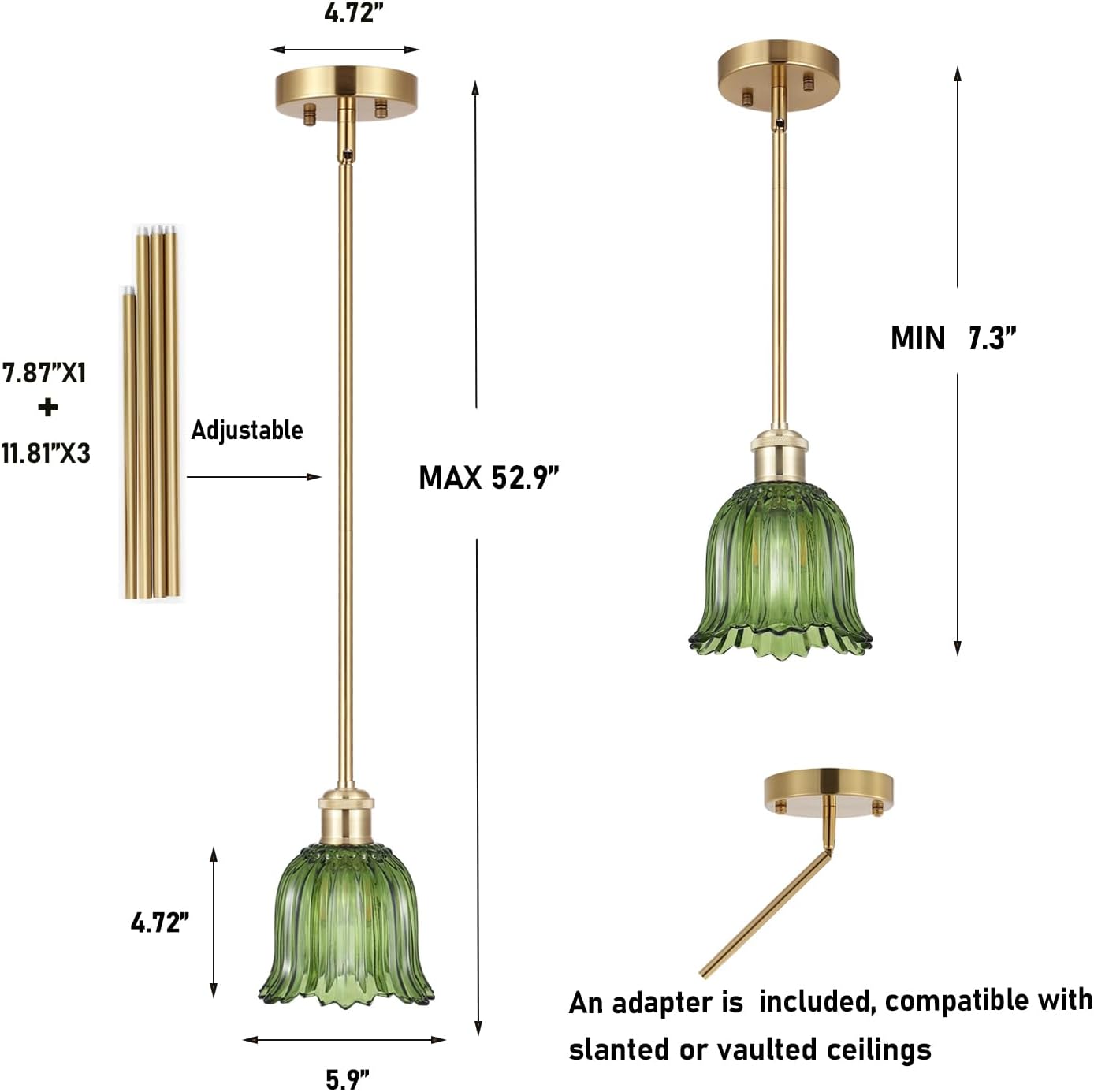 Modern Gold Pendant Light Brushed Brass Mid Century Chandelier Green Glass Shades Adjustable Rods Farmhouse Ceiling Hanging Lighting Fixture Kitchen Island Dining Room Bedroom