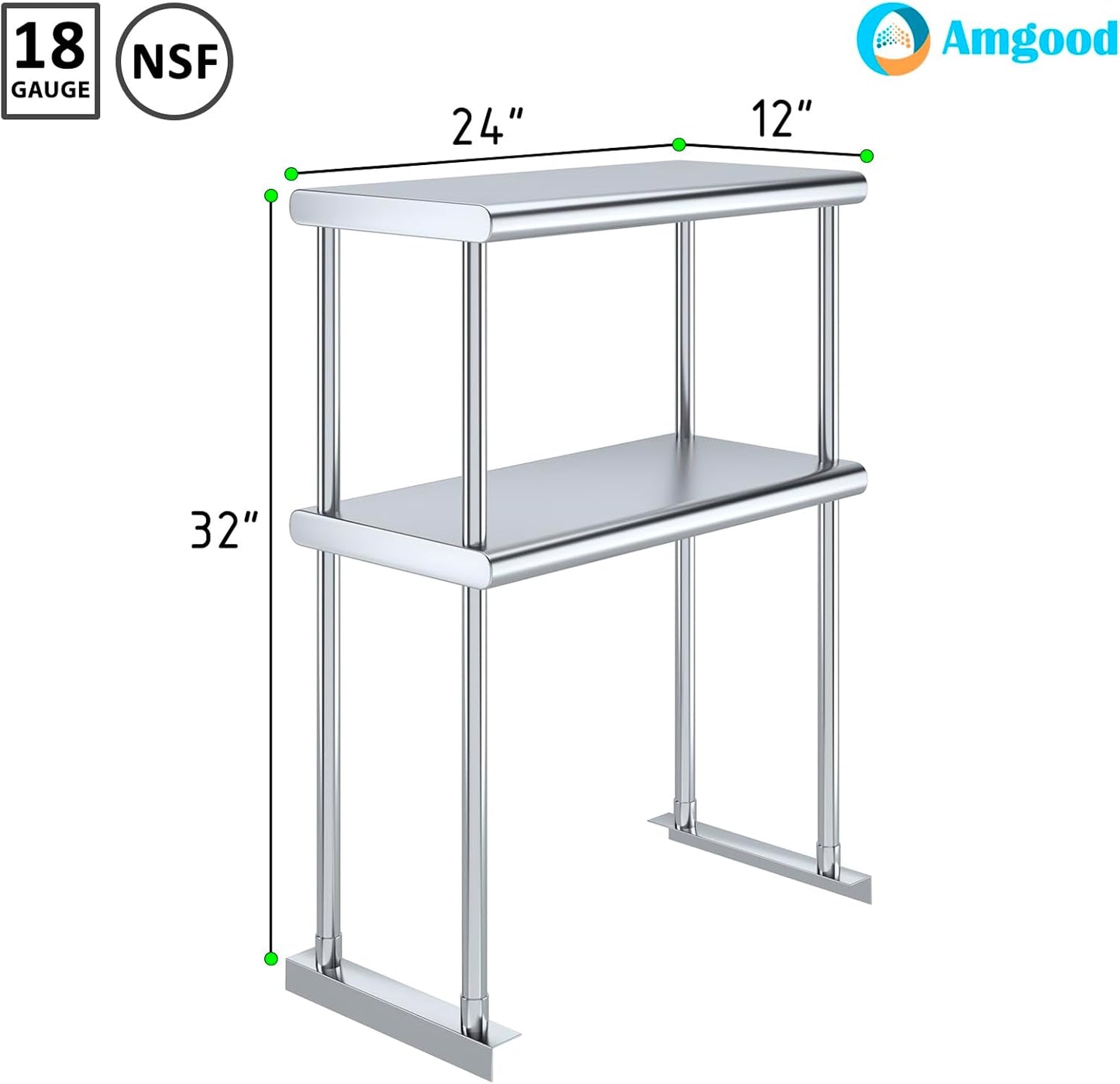AmGood Double OverShelf Stainless Steel NSF - Many (24" Long x 12" Deep)