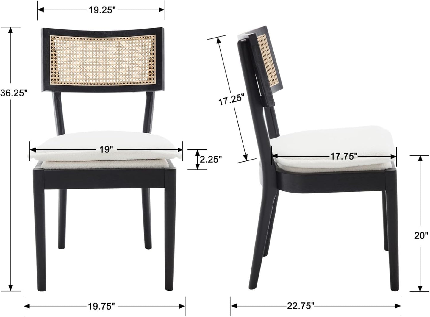 Rattan Dining Chairs Set Of 4 , Mid Century Modern Black Wooden Cane Back Chairs with Removable Sherpa Cushion , Retro Farmhouse Upholstered Kitchen & Dining Room Chairs for Restaurant Living Room