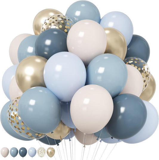 Dusty Blue Balloons 12 Inch Pastel Fog Blue Slate White Sand Metallic Gold Confetti Party Balloons Light Baby Blue White Gold Latex Balloon for Boy Baby Shower Birthday Wedding Party Decoration
