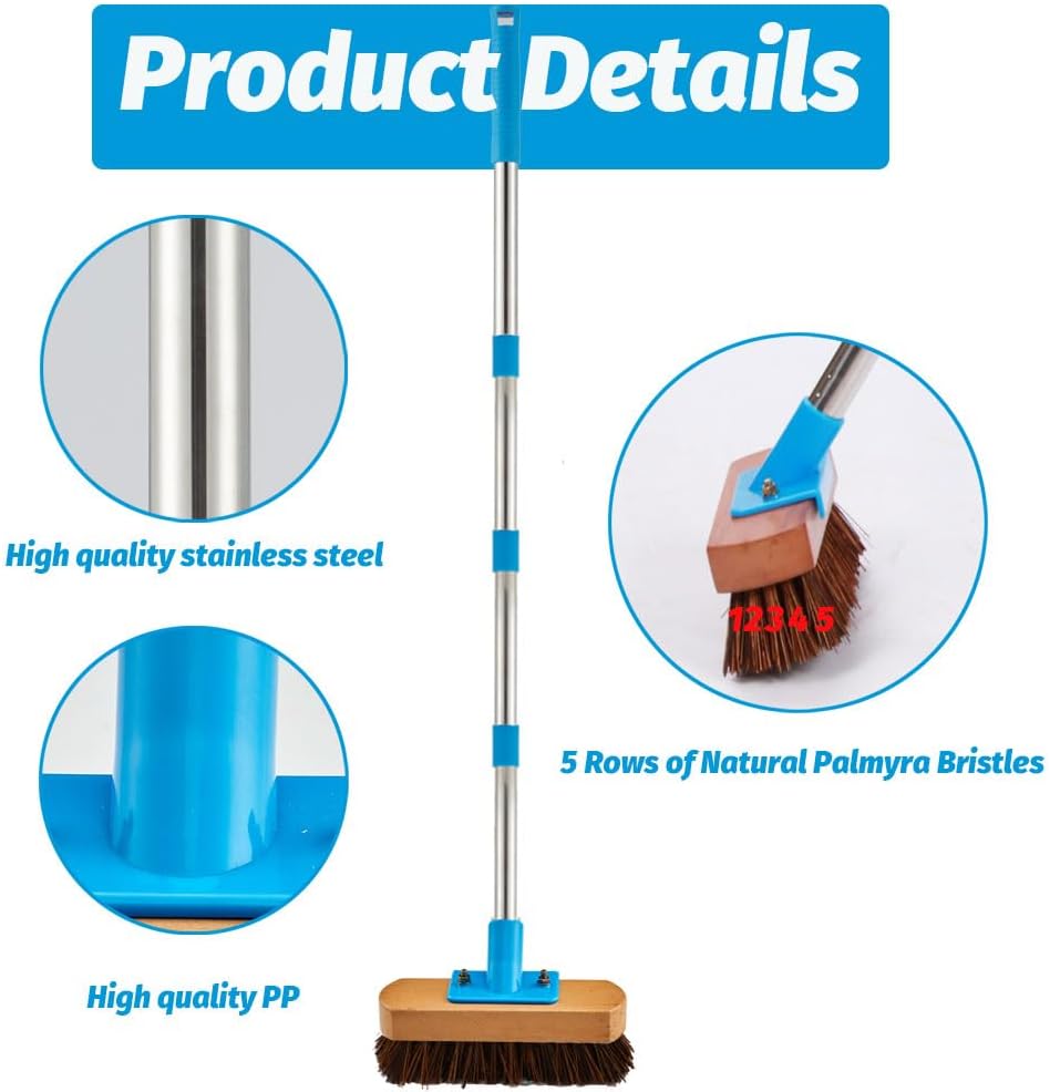 Heavy Duty Deck Brush with Long Handle - 60" Floor Scrub Brush with Stiff Natural Palmyra Bristles, Outdoor Scrubber Brushes for Cleaning Rough Surface, Concrete Floor, Patio, Garden, Sidewalk