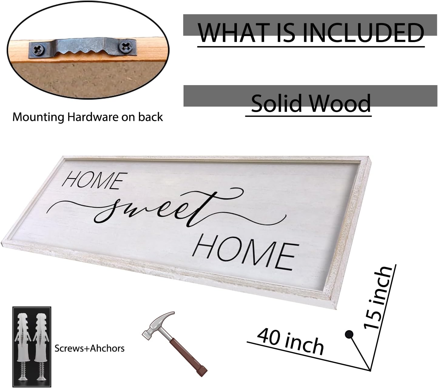 Home Sweet Home Sign Wall Decor 40"x15" Above Bed Living Room Large Wooden Framed Family Plaques Art (White)