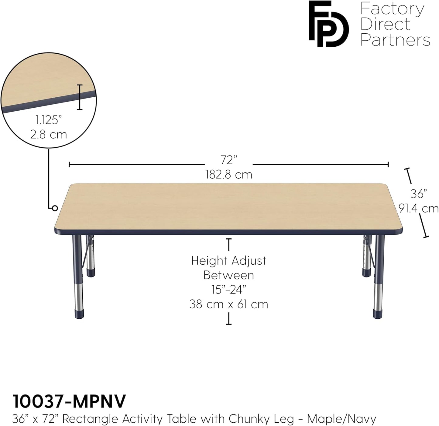 Factory Direct Partners FDP Rectangle Activity School and Classroom Kids Table (36 x 72 inch), Toddler Legs, Adjustable Height 15-24 inches - Maple Top and Navy Edge