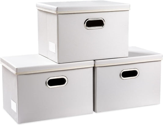PRANDOM Collapsible Storage Bins with Lids [3-Pack] Leather Fabric Foldable Storage Boxes Organizer Containers Baskets Cube with Cover for Bedroom Closet Office Nursery White (14.9x10.8x10)