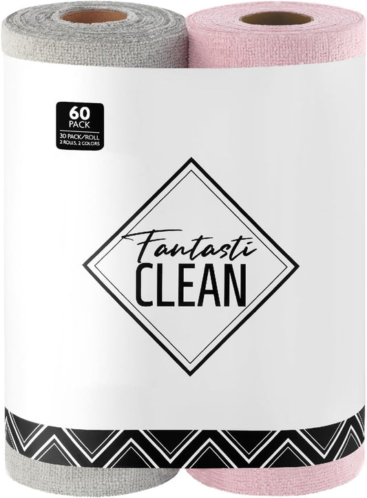 Fantasticlean Microfiber Cleaning Cloth Roll -60 Pack, Tear Away Microfiber Towels, 12" x 12", Reusable, Washable, Scratch Free, Ultra Absorbent Dish Rags for Car, Home, Garage or Shop (Pink & Grey)