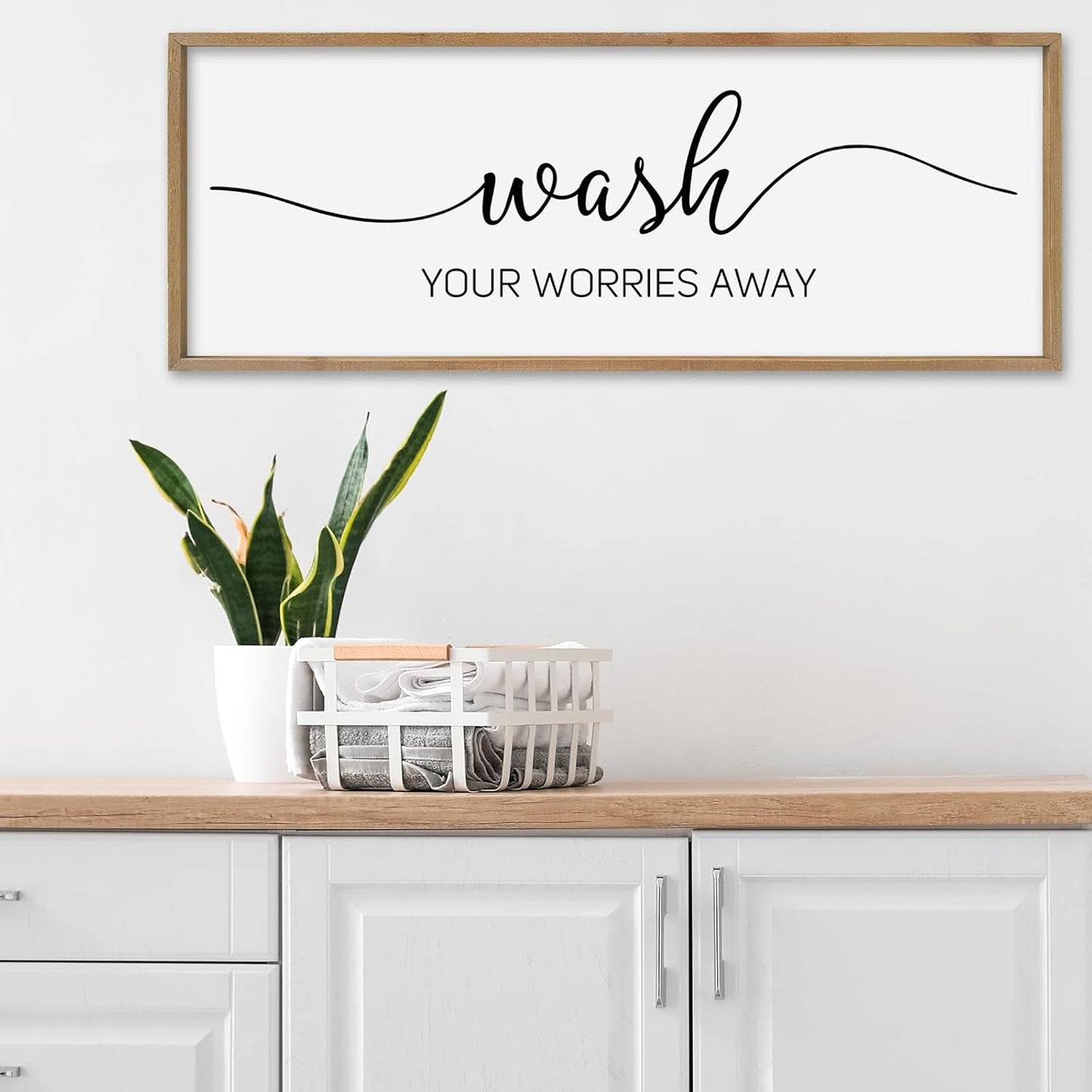 SRSZHIYUE Wash Your Worries Away Bathroom Sign Wall Art 40"x15" Funny Restroom Toilet Large Wood Framed Hanging Decor (Wood)