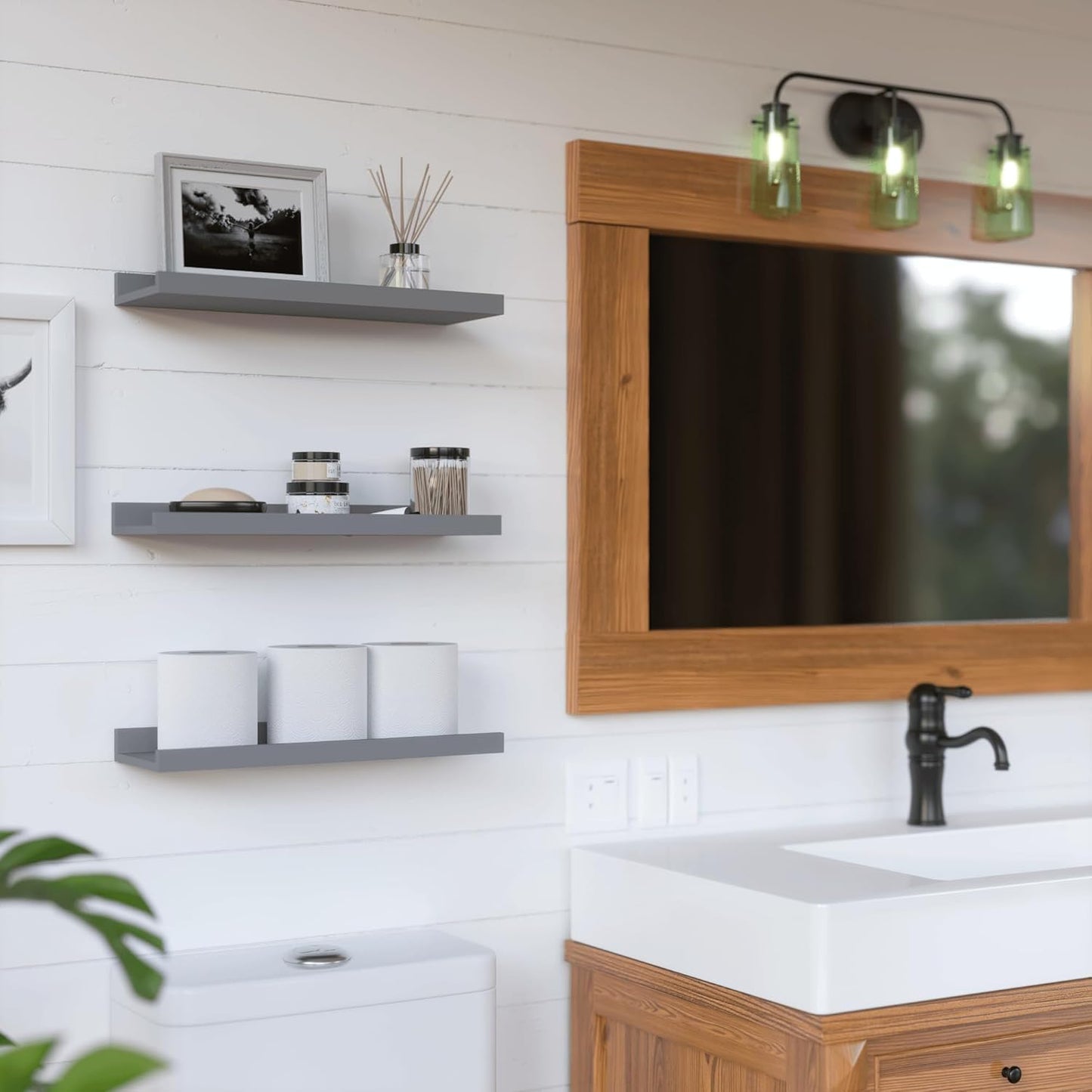 RICHER HOUSE 3 Set Floating Shelves for Wall, Black Wall Mounted Shelves with Lip for Storage, Display Picture Ledge Shelf for Bedroom Bathroom Kitchen Living Room Decor, Modern Grey